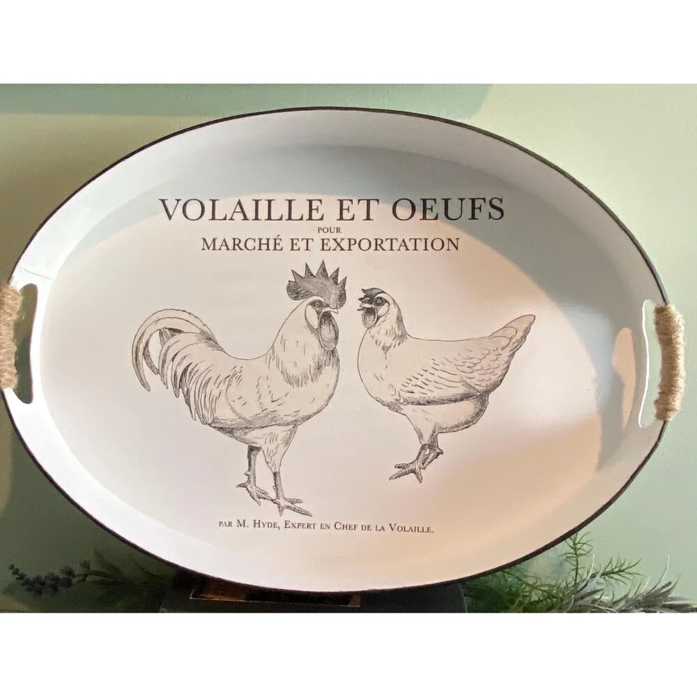 Serving Tray designed with Rooster and Hen metal. 17” X 12” Oval. White and Blac